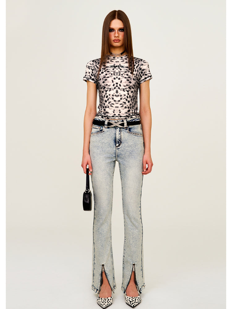 Rivet Biker Zipper Elastic Split Flare Jeans