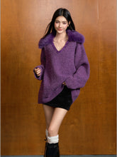 Removable Fur Collar Tweed V-neck Blouse - CHINASQUAD
