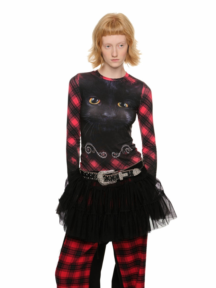 Cat Print Long-Sleeve Crewneck T-Shirt - CHINASQUAD