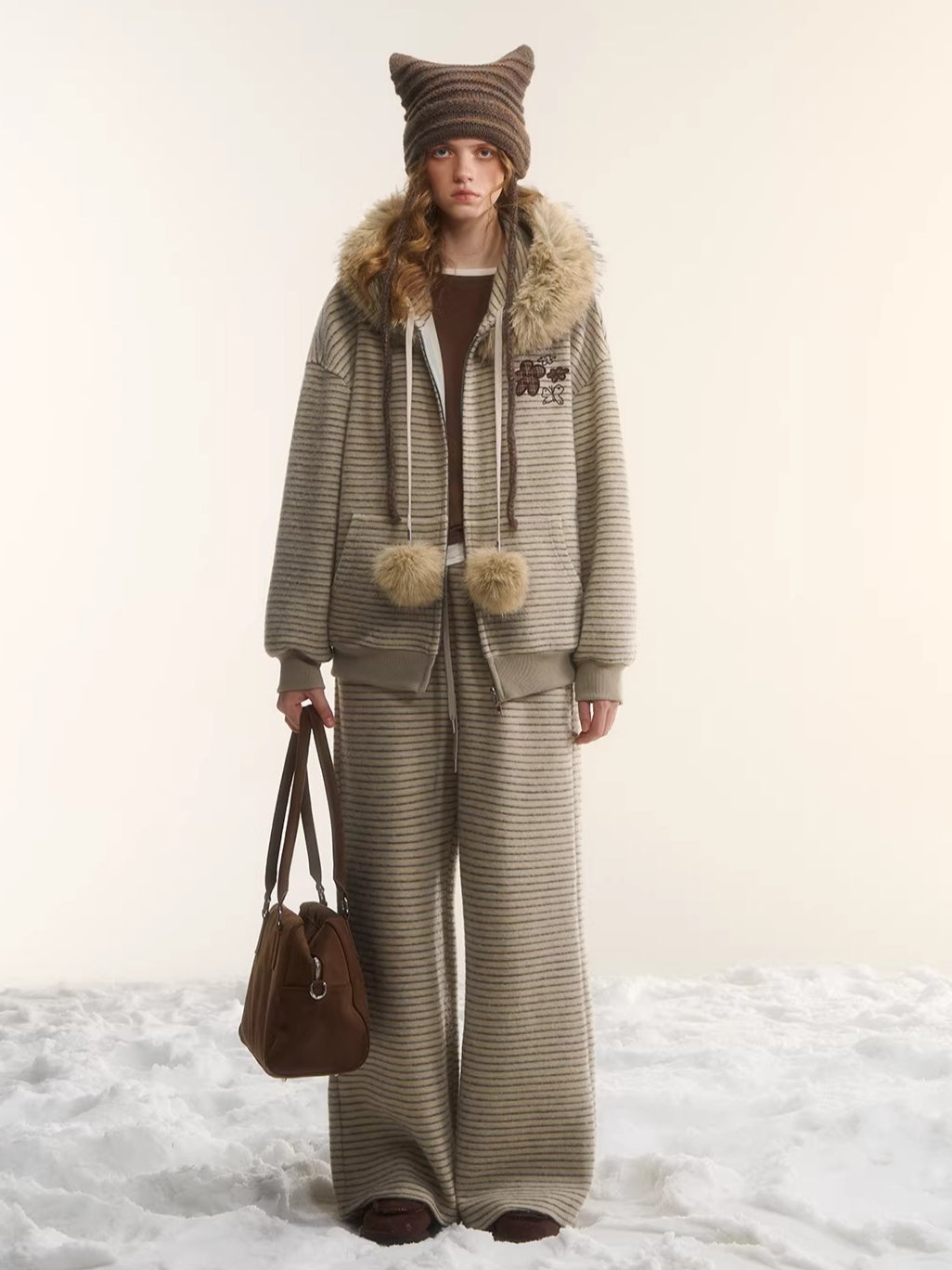 Plush Plaid Patchwork Jacket & Straight-Leg Pants Set