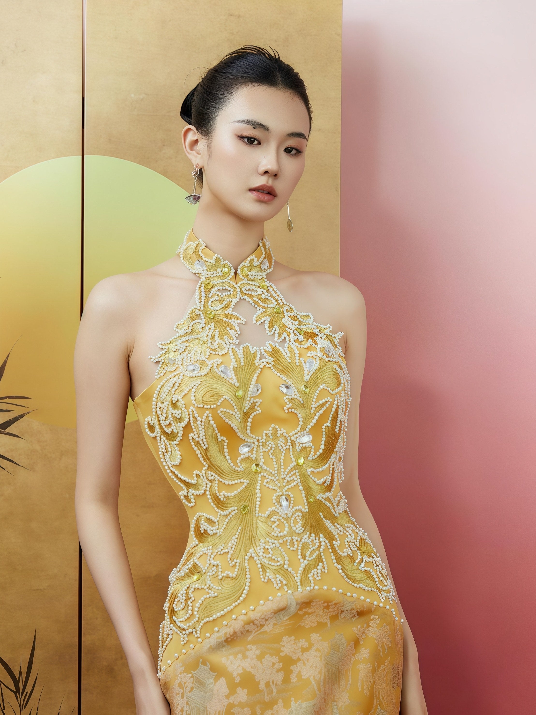 帝王金刺绣露肩美人鱼礼服配雕塑感披肩