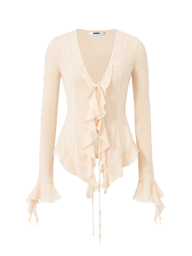 V-Neck Ruffle Mesh Overlay Top - CHINASQUAD