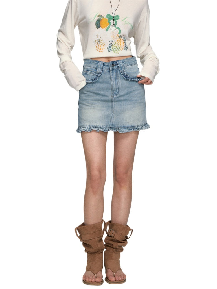 High-Waist Ruffled Denim Mini Skirt - CHINASQUAD