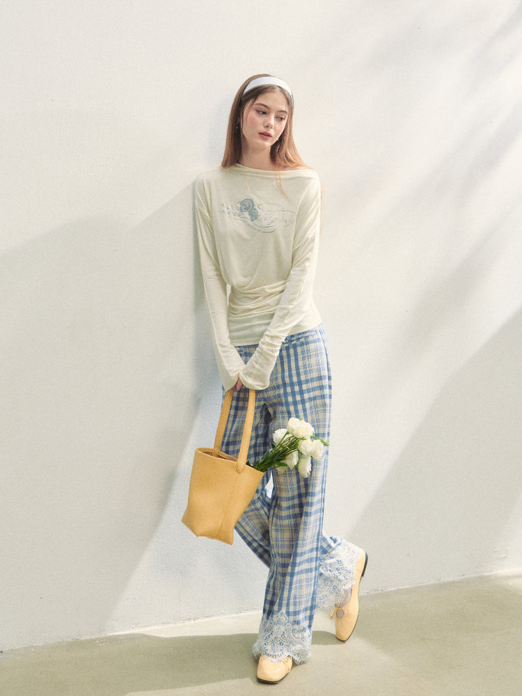 Floral Print Pleated Long-Sleeve T-shirt - CHINASQUAD