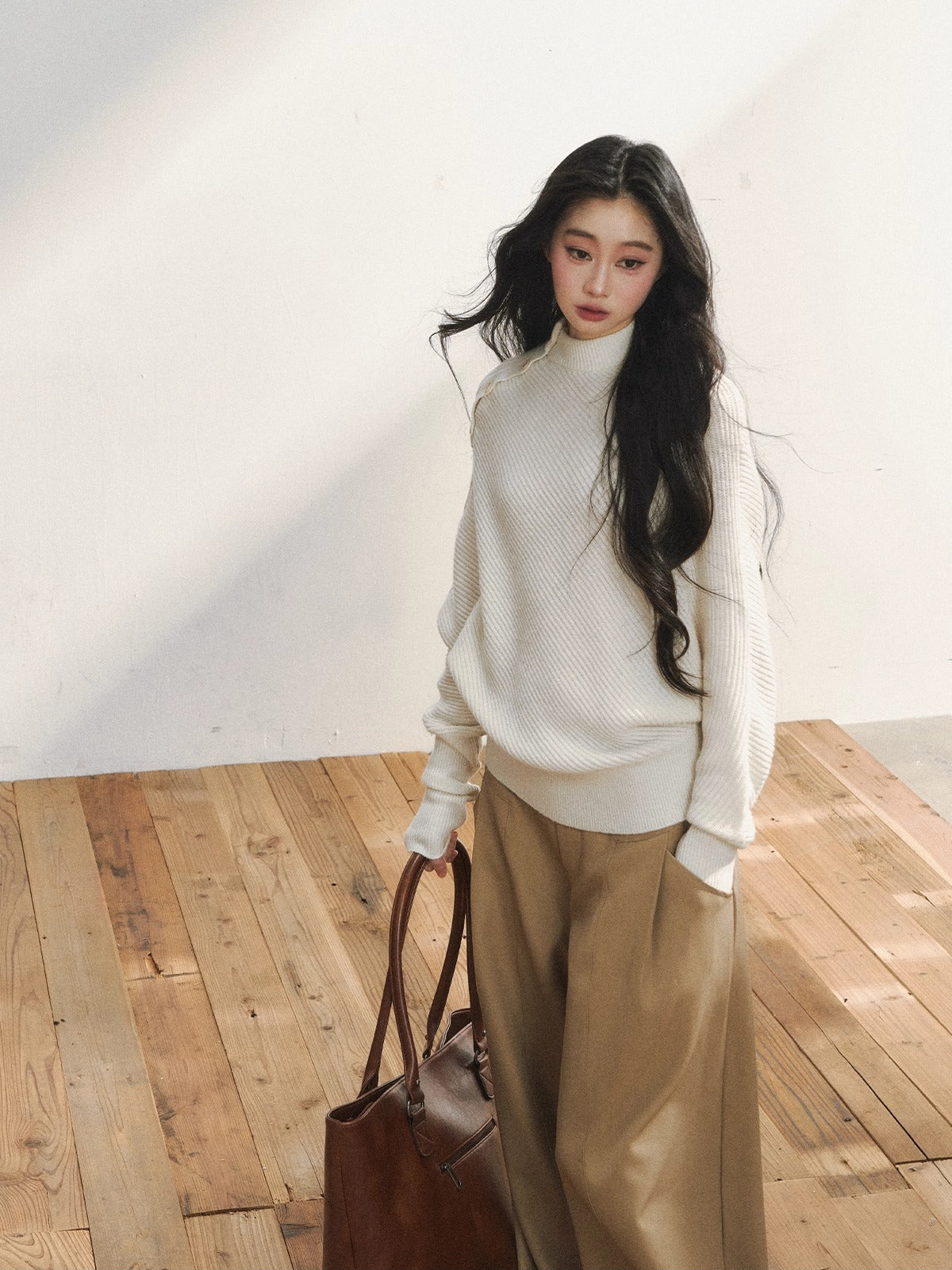 Asymmetric Buttoned White Knit Sweater