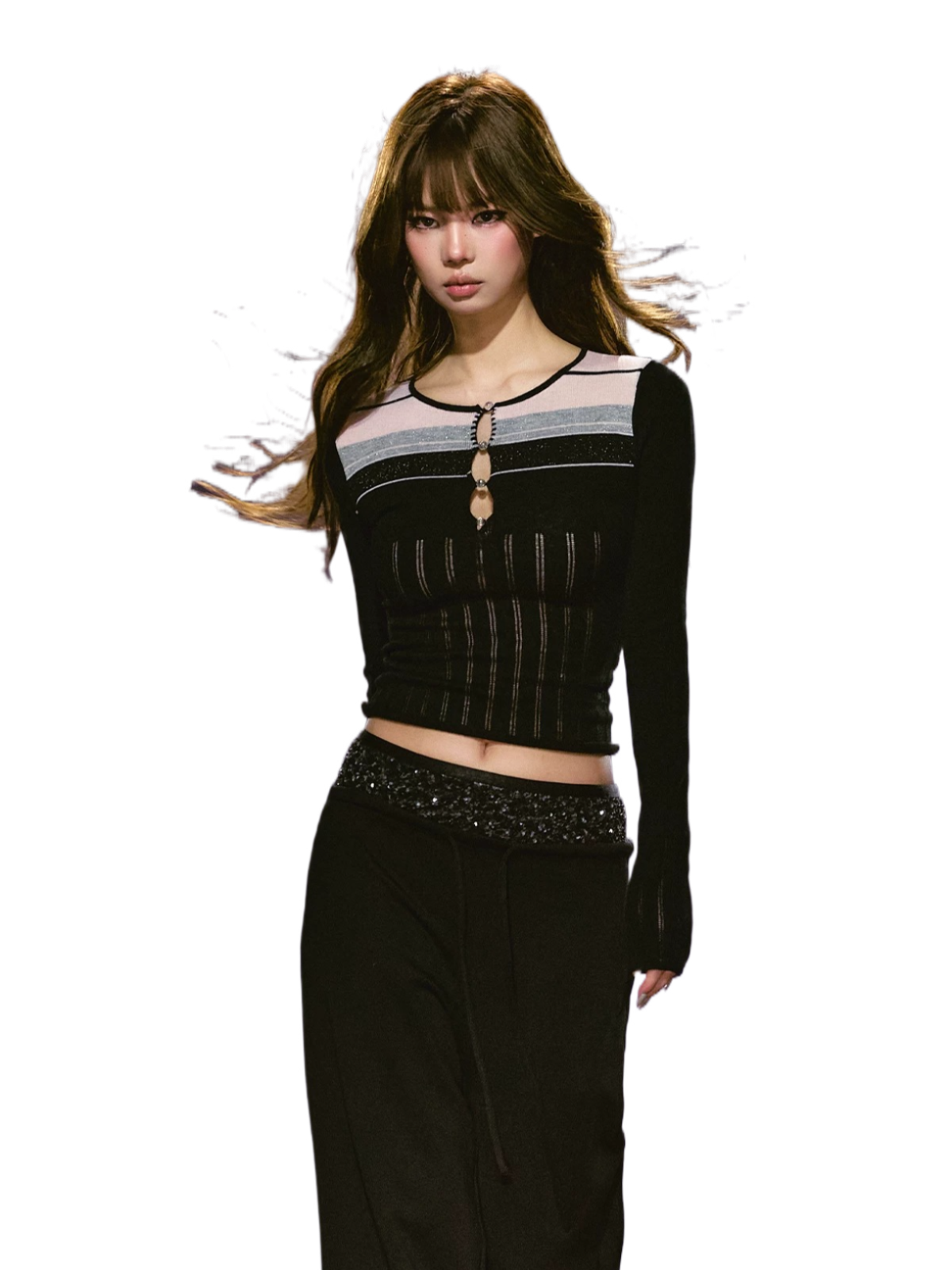 Cut-Out Contrast Knit Fitted Top