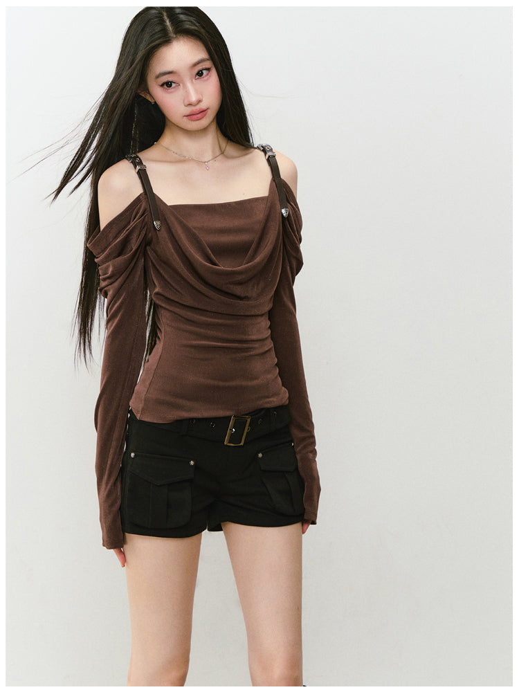 Draped Neck Leather Strap Acetate One-shoulder T-shirt - CHINASQUAD