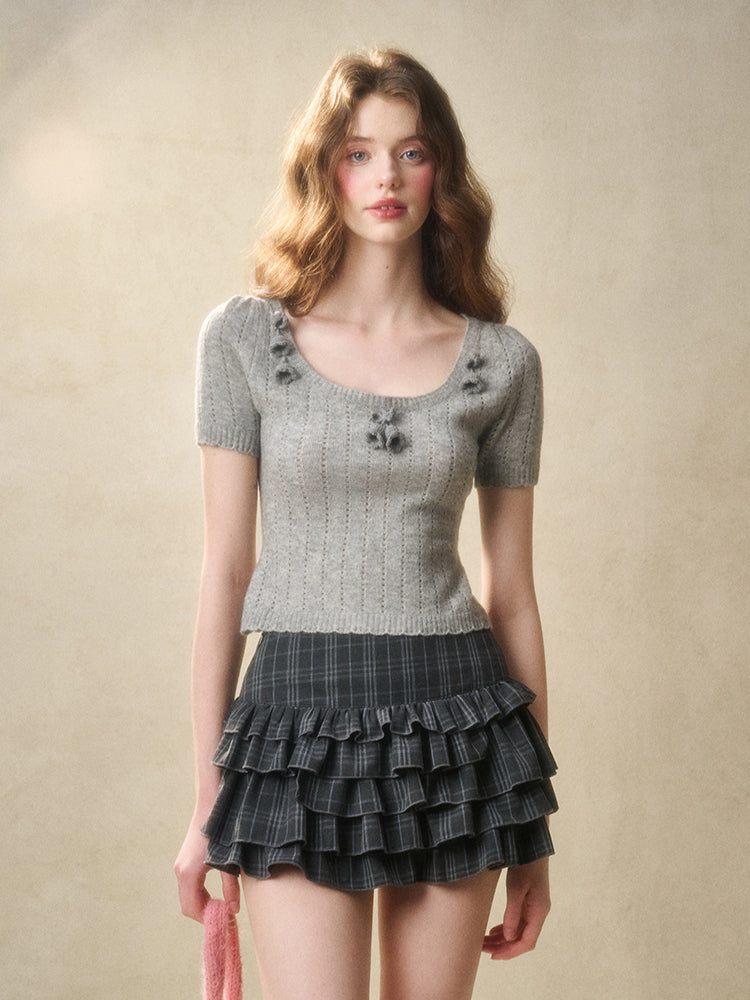 Gray Plaid Doll Collar Lace Waist Shirt & Cami Set - CHINASQUAD