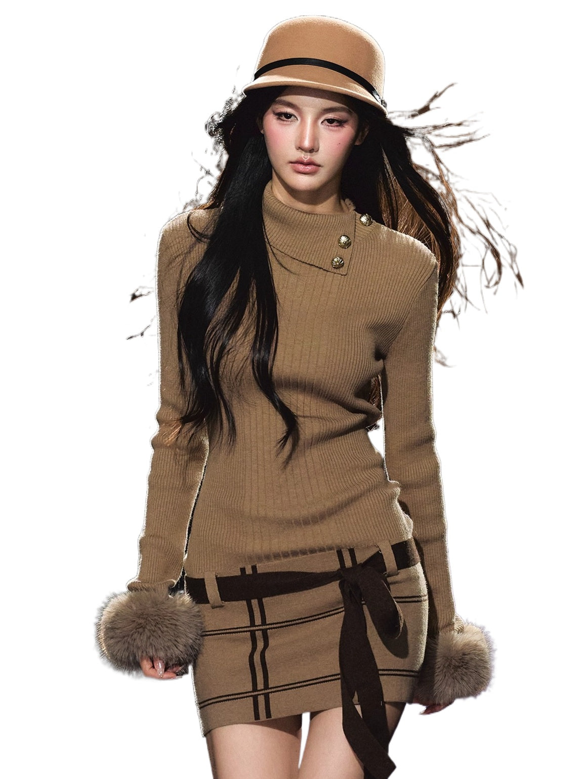 Faux Fur Cuff High-Neck Knit Dress