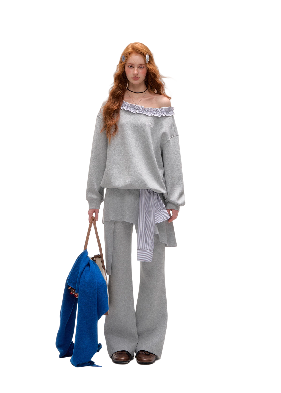 Stripe Ruffled Off-shoulder Sweatshirt - CHINASQUAD