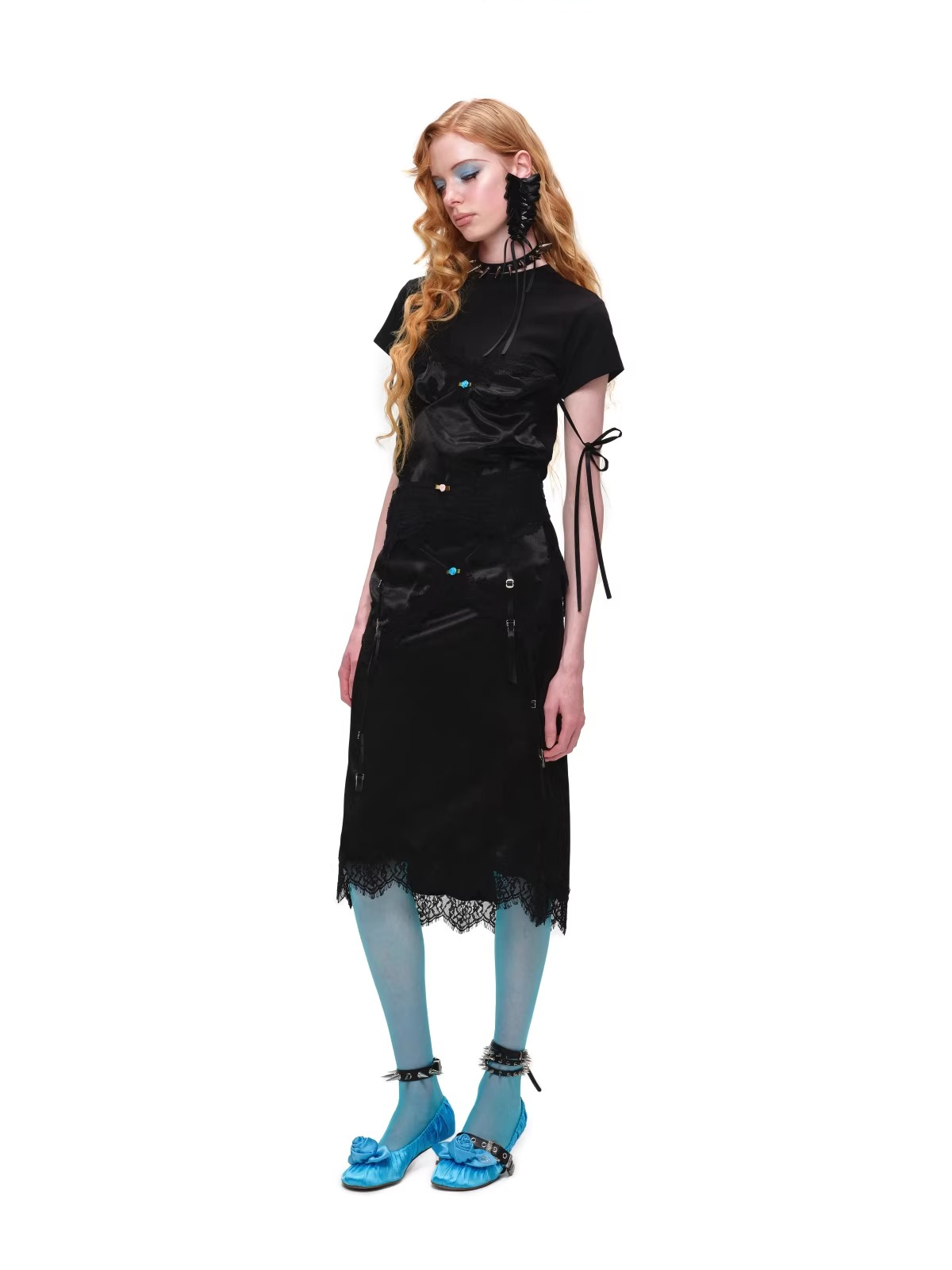 Asymmetric Satin Midi Skirt with Lace Trim