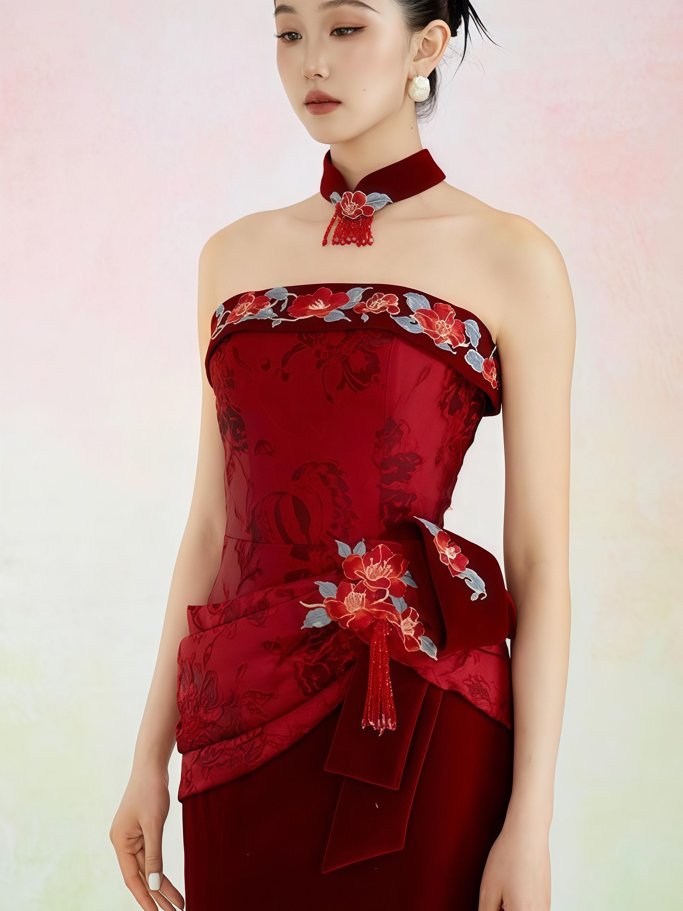 Red Strapless Embroidered Cheongsam Midi Dress