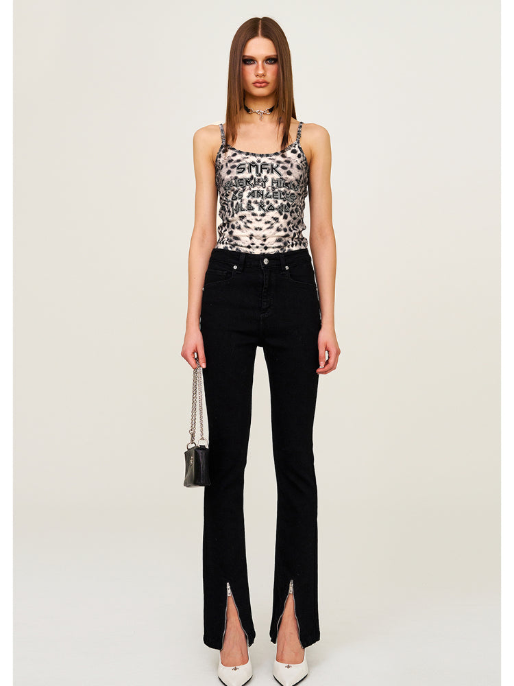 Rivet Biker Zipper Elastic Split Flare Jeans