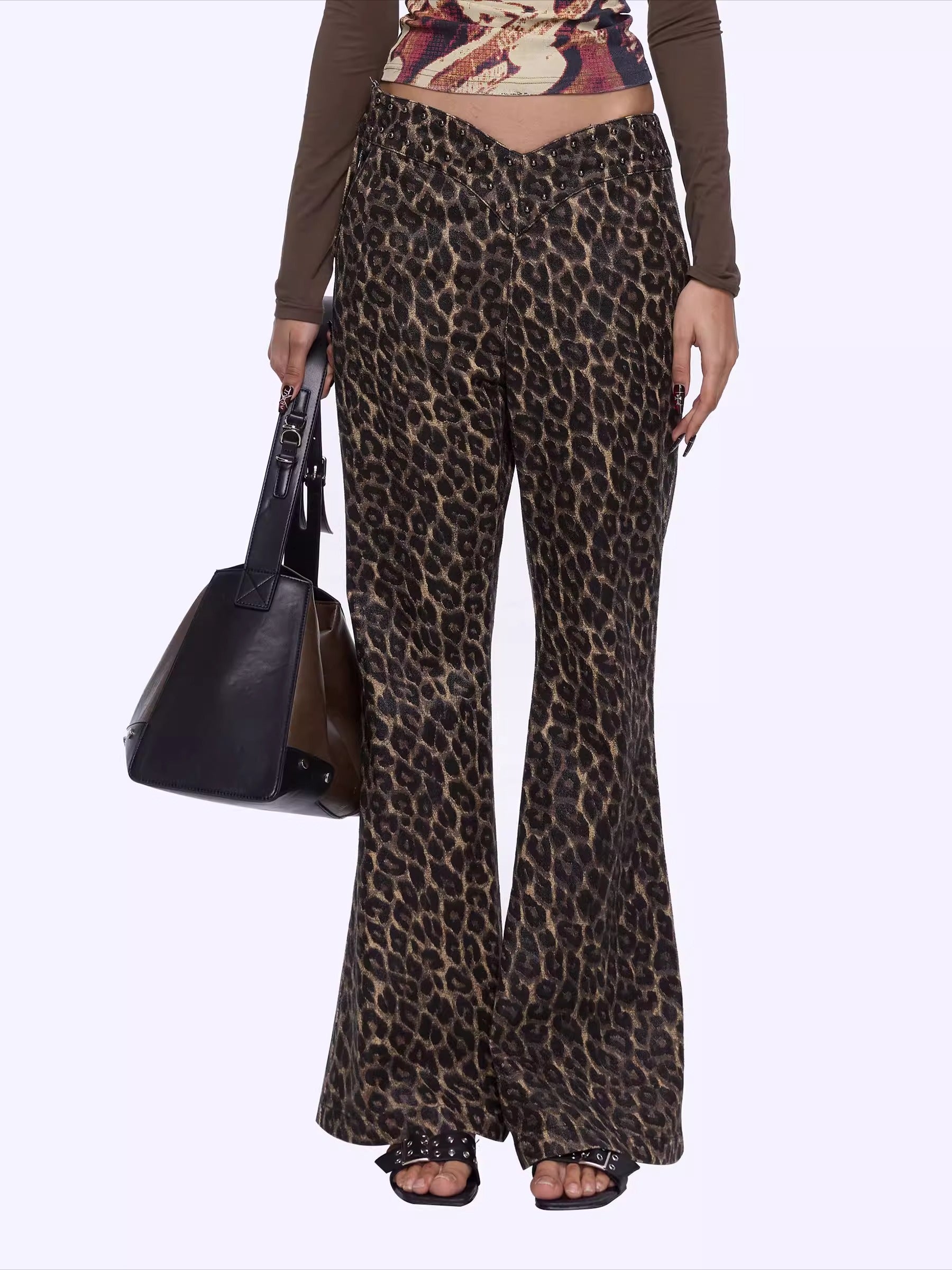 Studded Leopard-Print Micro-Flared Denim Pants
