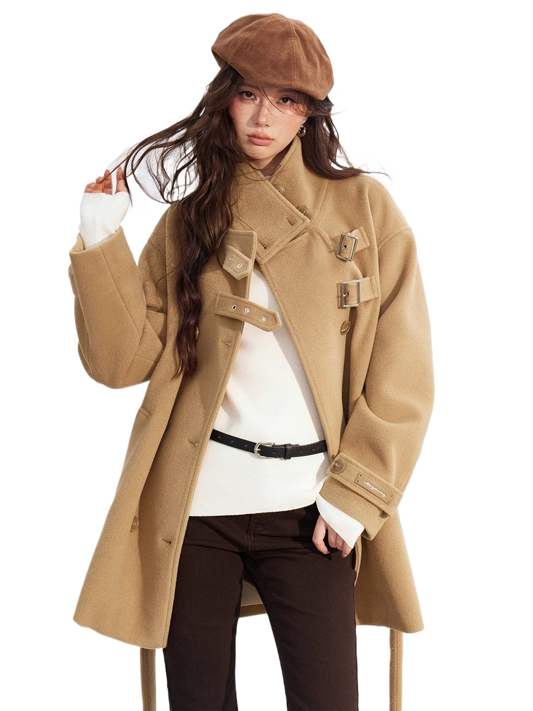 Double-Breasted Wool Blend Stand-Collar Coat