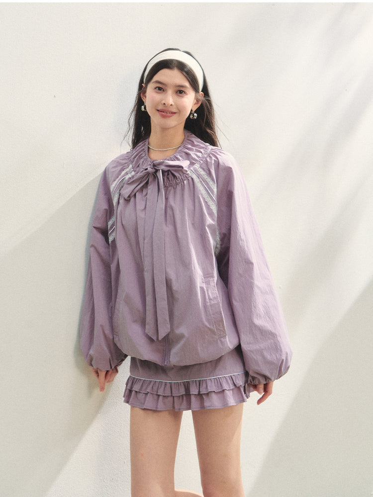 Lace Spliced Raglan Sleeve Sun Protection Shirt & Skirt Set - CHINASQUAD