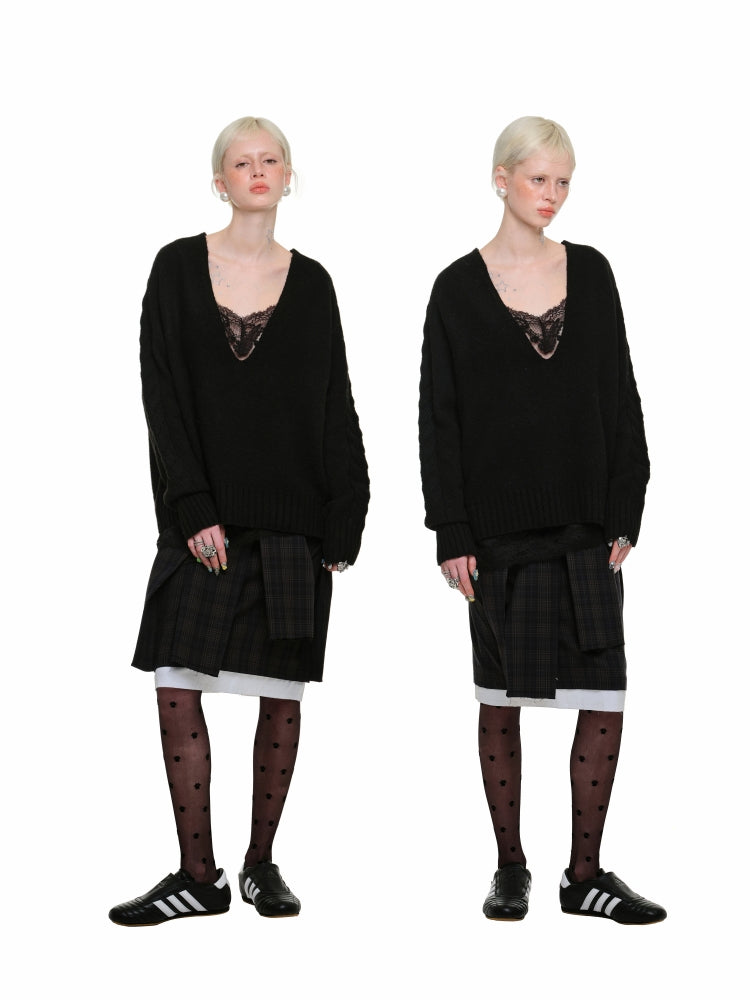 Suede V-neck Loose Sweater - CHINASQUAD