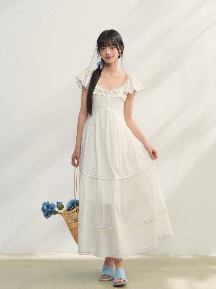 White Square Neck Hollow Embroidered Dress - CHINASQUAD