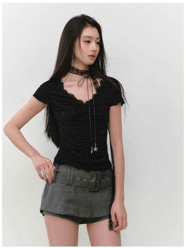 Acetate Lace Backless Beaded Short-sleeve T-shirt