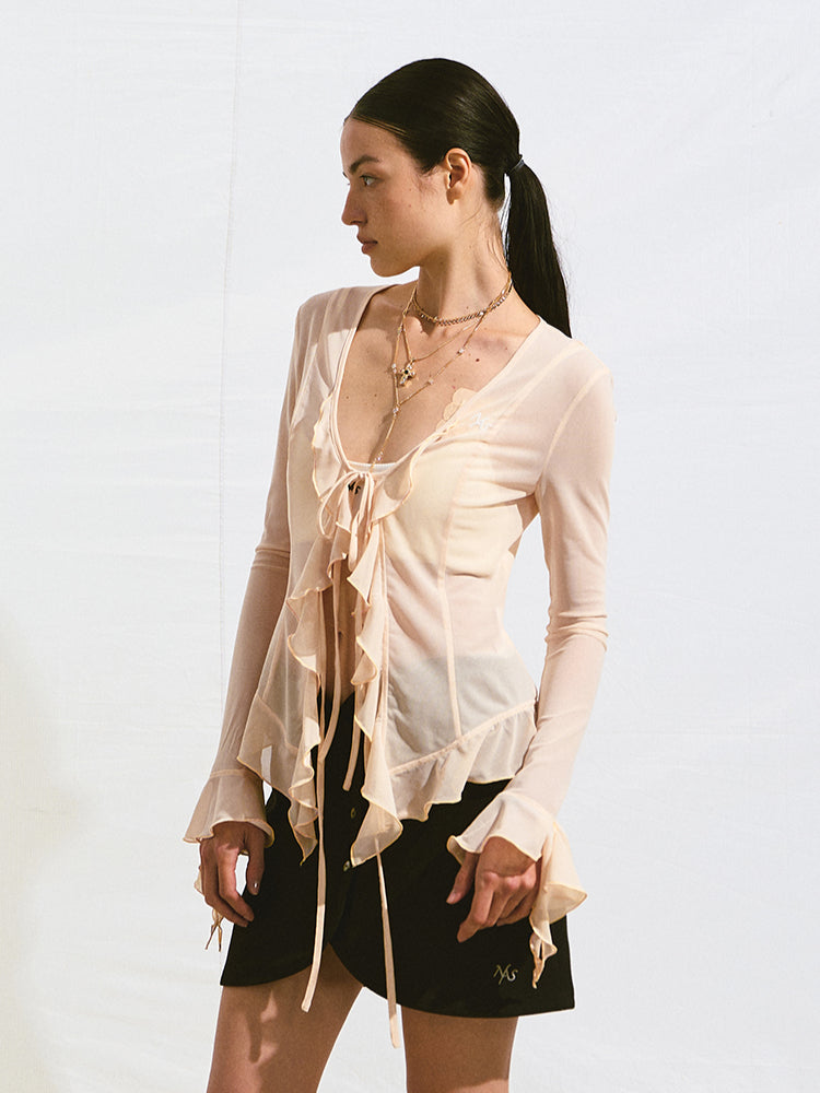 V-Neck Ruffle Mesh Overlay Top - CHINASQUAD