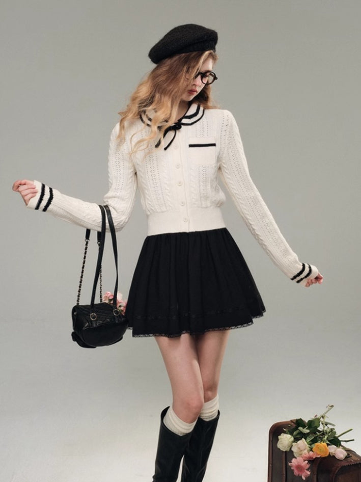 (Final Sale) Sailor Doll Collar Knit Cardigan & Skirt Set - CHINASQUAD