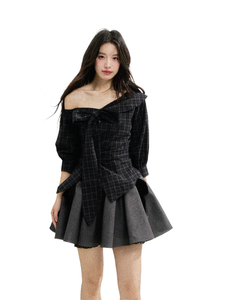 Checkered Bow One-Shoulder Asymmetric Waist-Cinching Shirt - CHINASQUAD