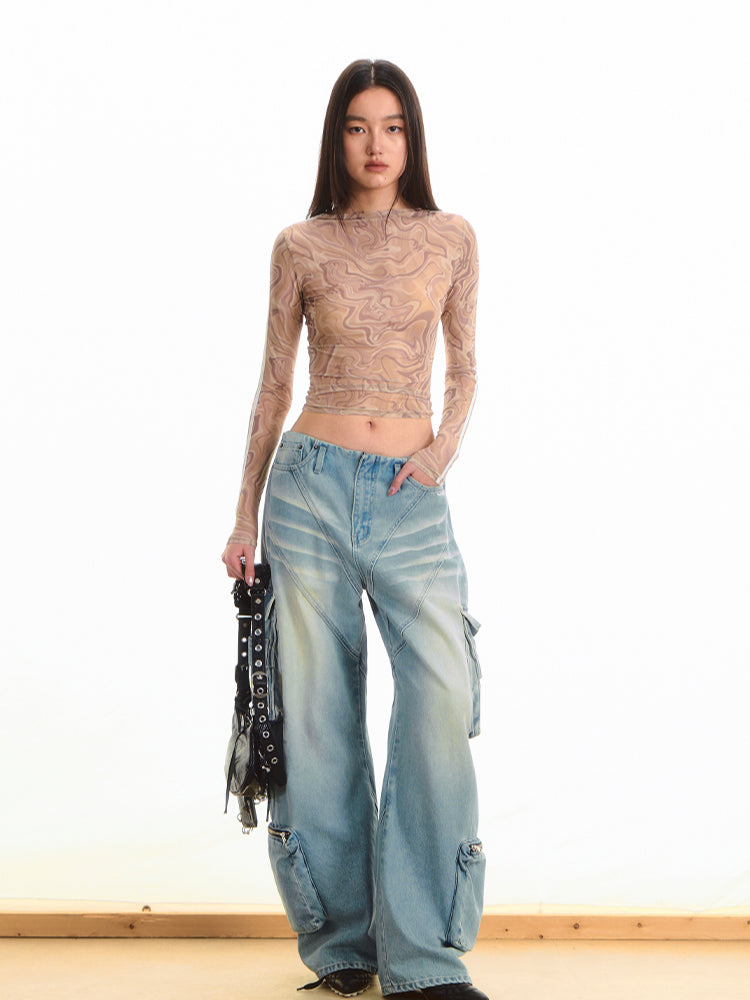 Printed Pleated Long Sleeve T-shirt - CHINASQUAD