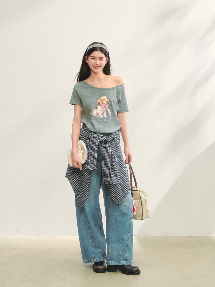 Asymmetric Shoulder Bow Puppy Printed T-Shirt - CHINASQUAD