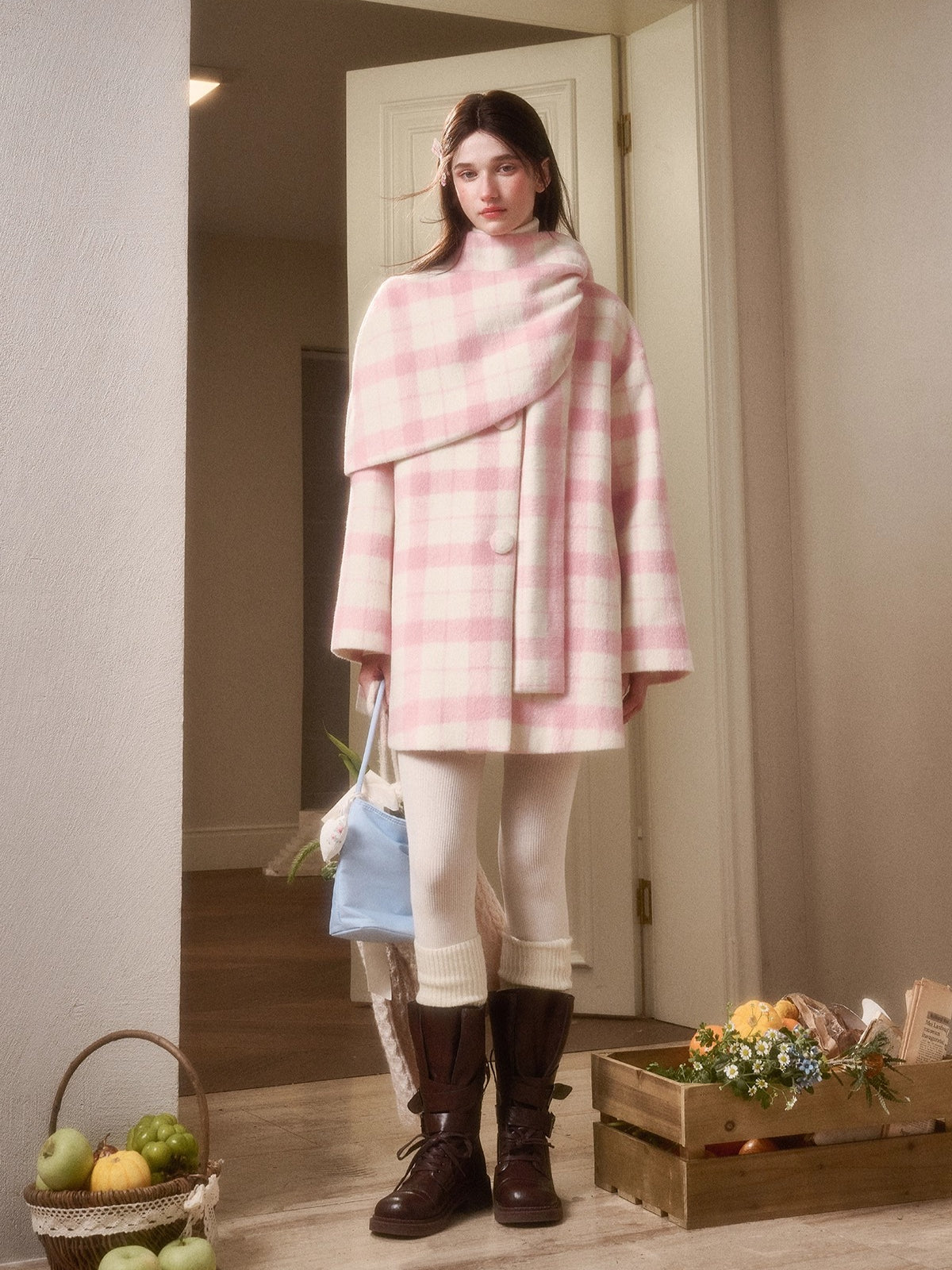 Baby Pink Raspberry Check Wool-Like Cape Coat