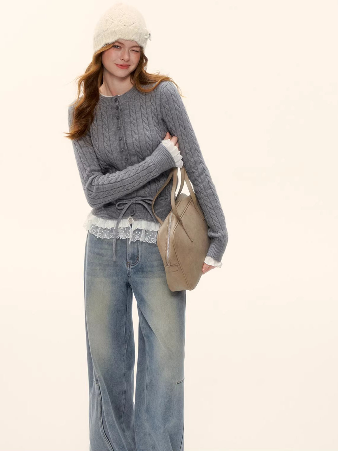 Cable Knit Lace-Hem Drawstring Sweater