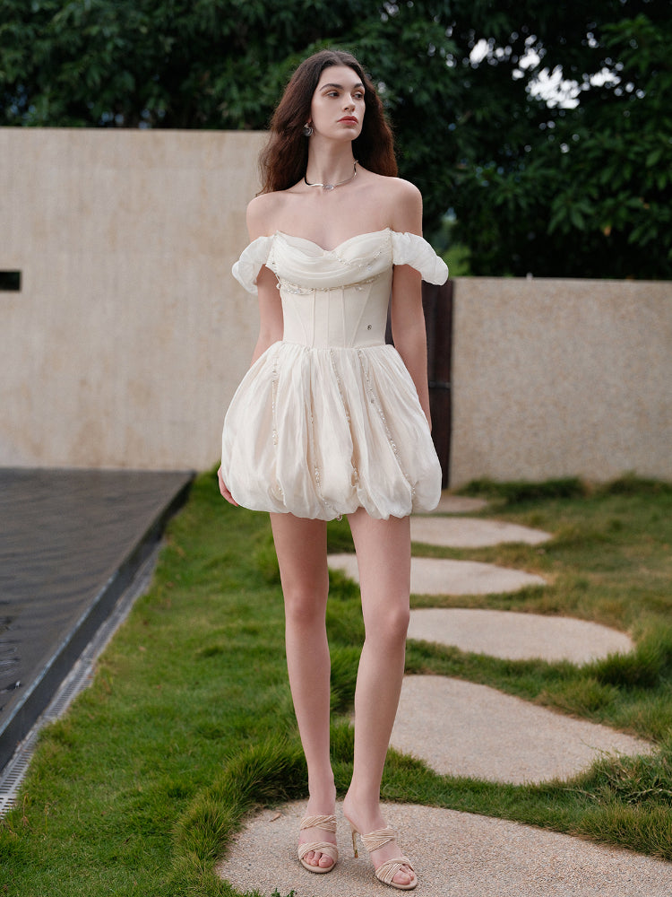 Strapless Waist Cinched Puff Dress - CHINASQUAD