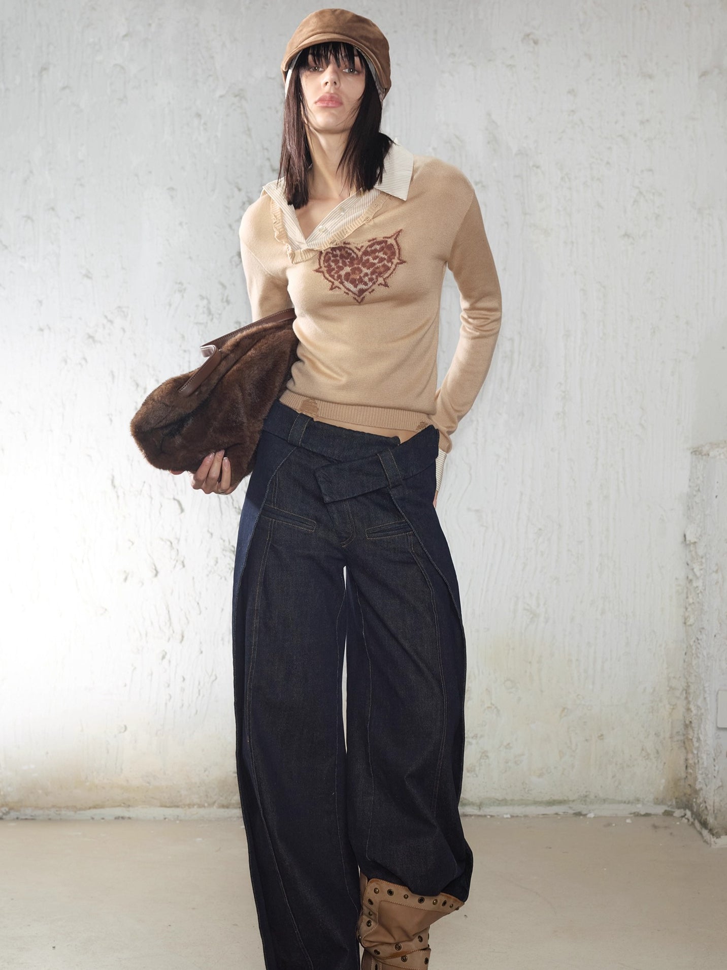 Irregular Folded-Waist Wide-Leg Trousers