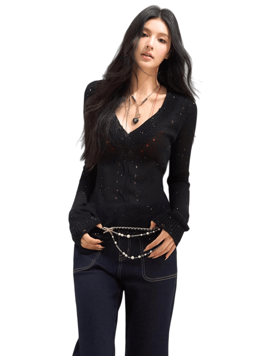 Distressed Openwork V-Neck Knit Top