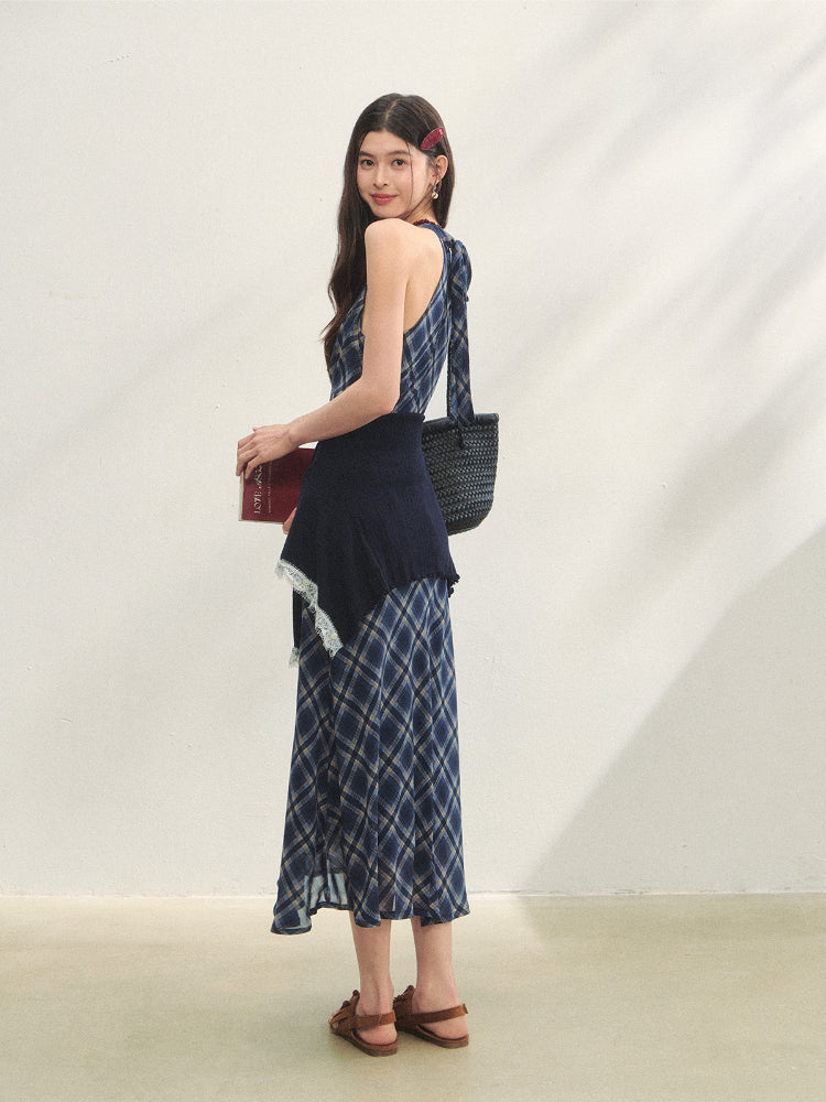V-Neck Lace Spliced Halter Dress - CHINASQUAD