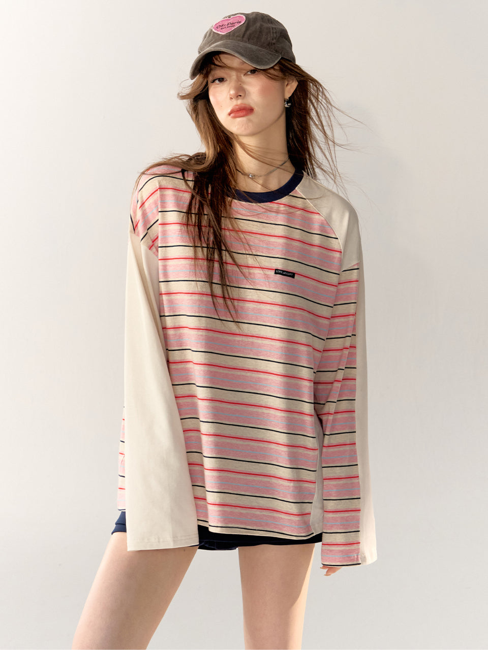 Pink Color-Block Striped Oversized T-shirt - CHINASQUAD