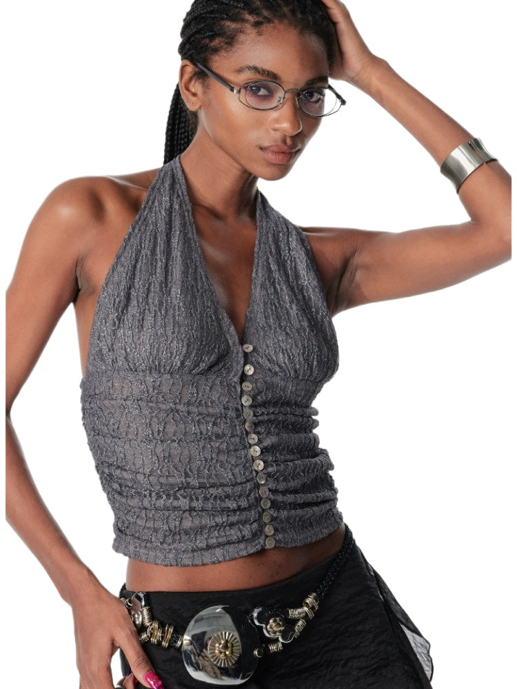 Textured Leopard Halter Tank Top - CHINASQUAD