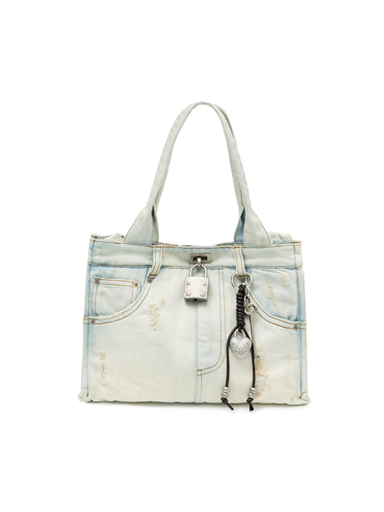 Distressed Printed Denim Tote Bag - CHINASQUAD