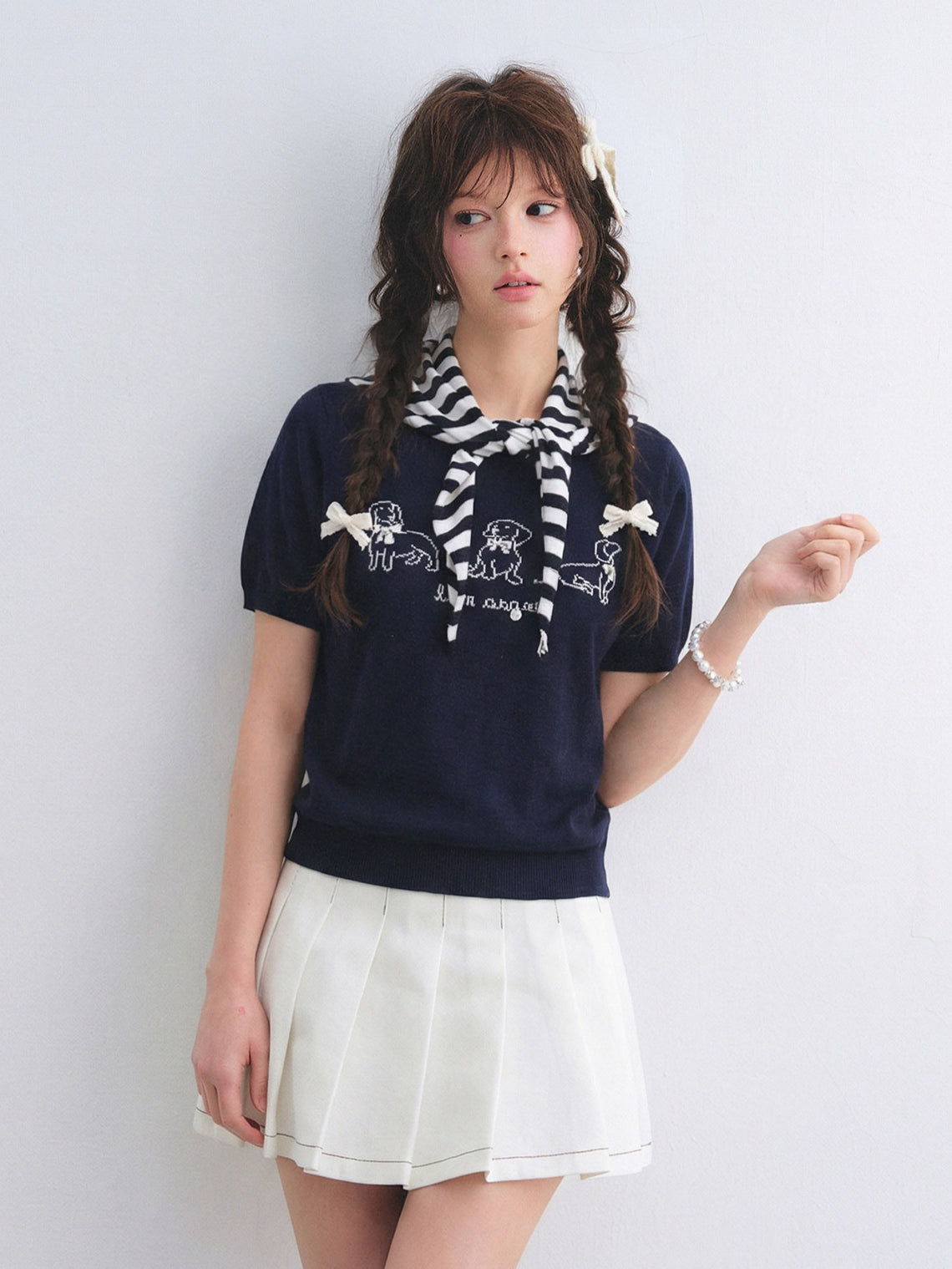 Wool-Blend Jacquard Knit Tee & Striped Shoulder Set