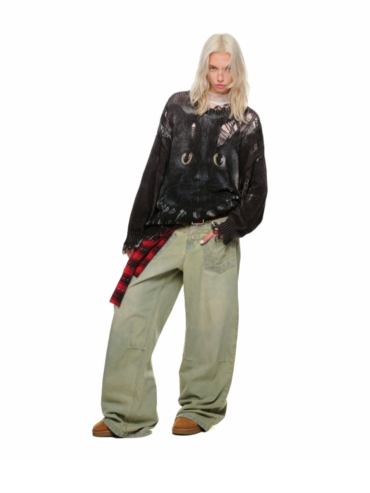 Cat Print Distressed Knit Sweater - CHINASQUAD