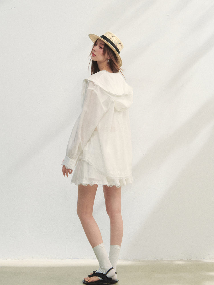 White Lace Panel Hooded Coat & Skirt Set - CHINASQUAD