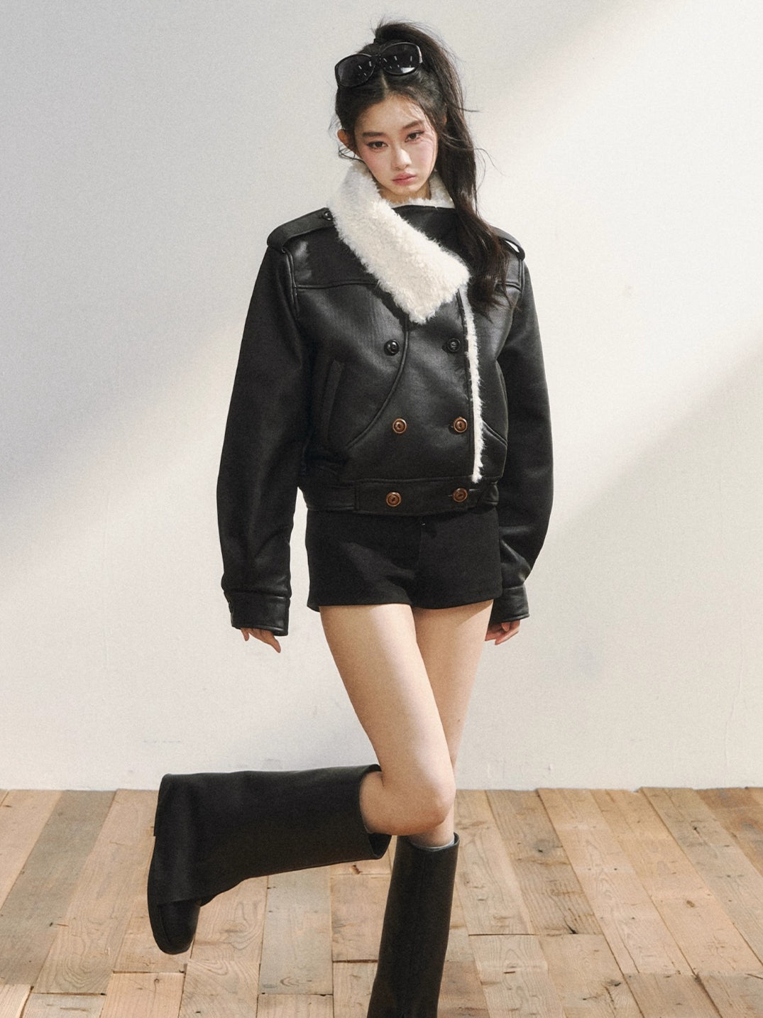 Black Faux Shearling Double-Breasted Leather Jacket