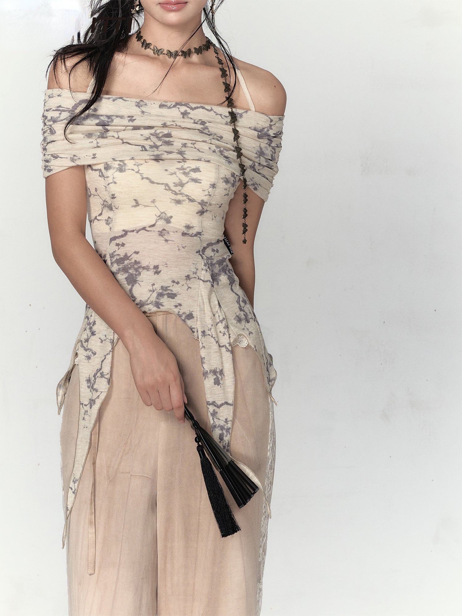 Gray Mesh Irregular Off-Shoulder Top - CHINASQUAD