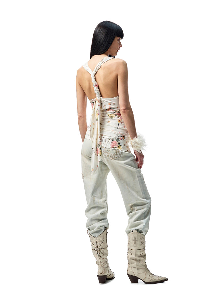 V-Neck Draped Collar Back Knot Tank Top - CHINASQUAD