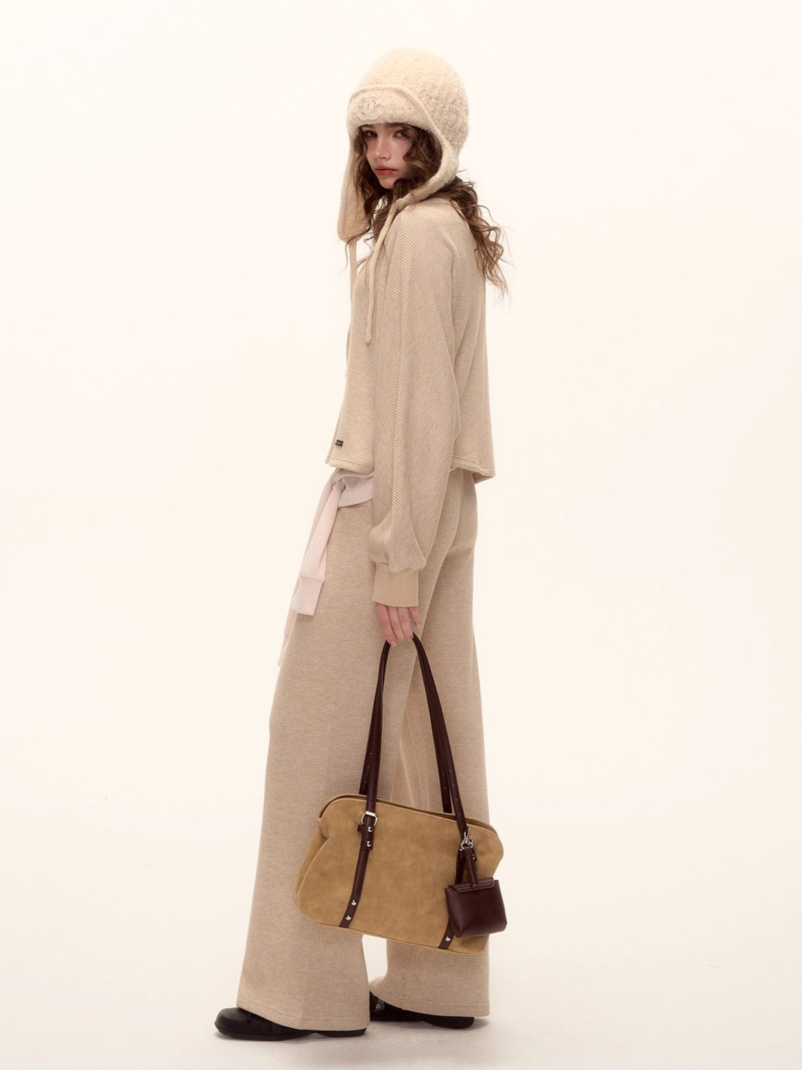 Waffle Knit V-Neck Pullover & Tank Top & Wide-Leg Pants Set