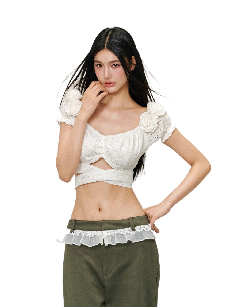 White 3D Flower Hollow Out Top - CHINASQUAD