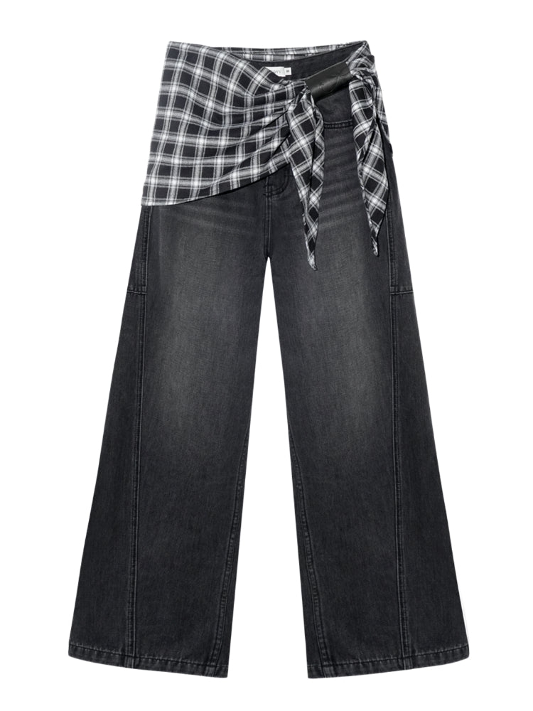 Checked Panel Tie-Waist Jeans - CHINASQUAD