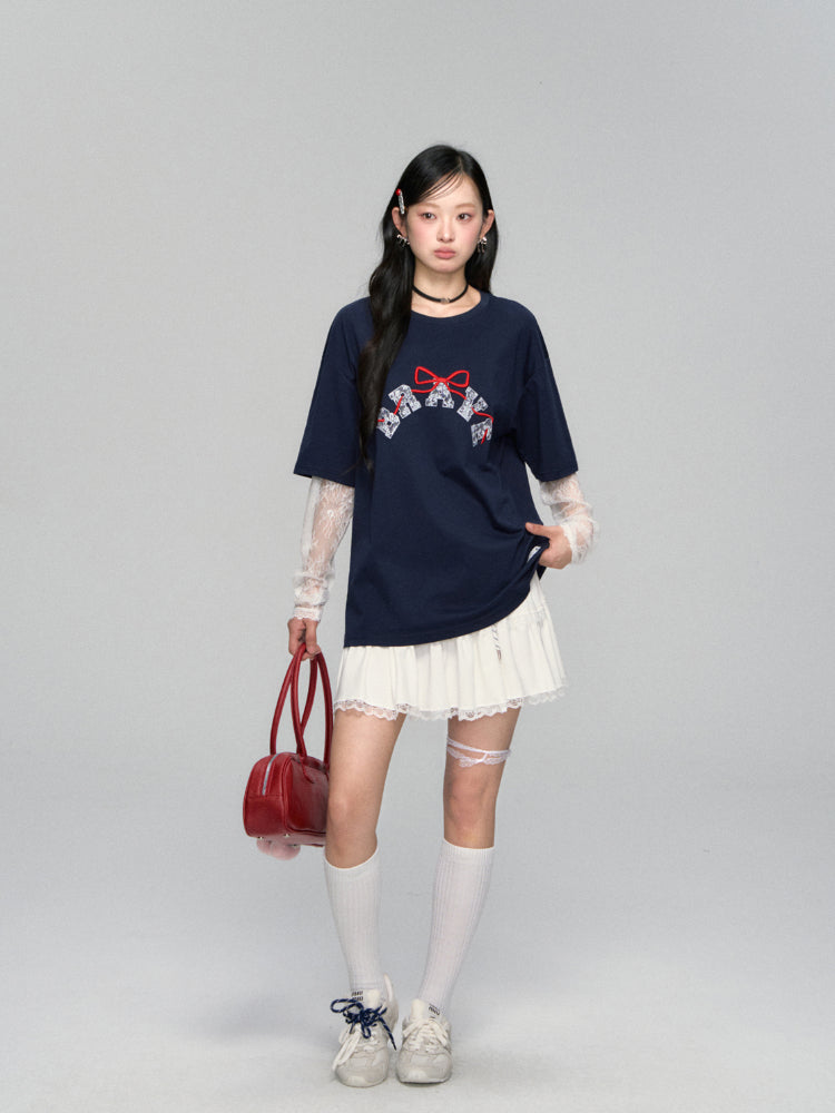 High-waisted Drawstring Lace-spliced Tiered Skirt - CHINASQUAD