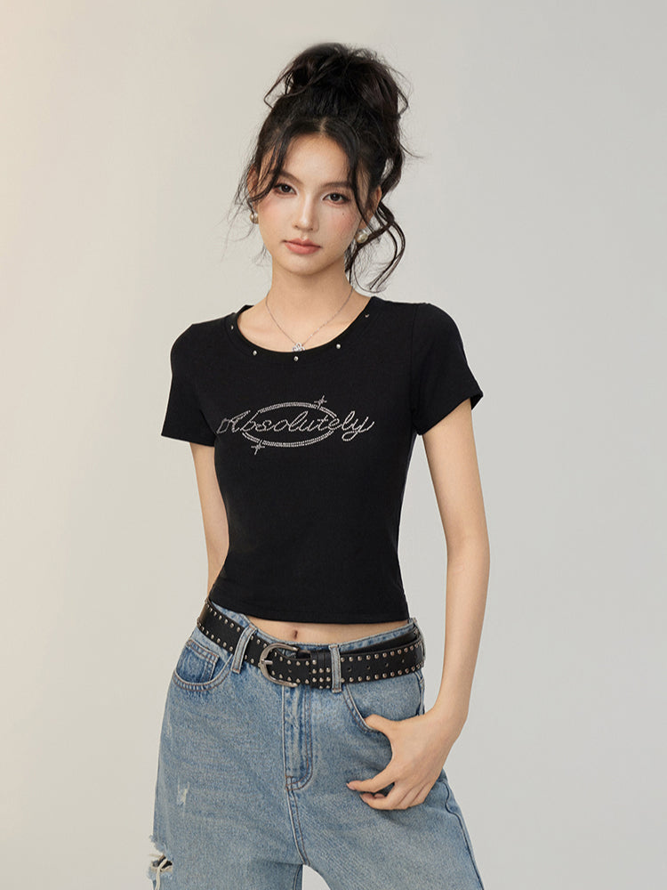 Rivet-Rhinestone Regular Shoulder T-shirt
