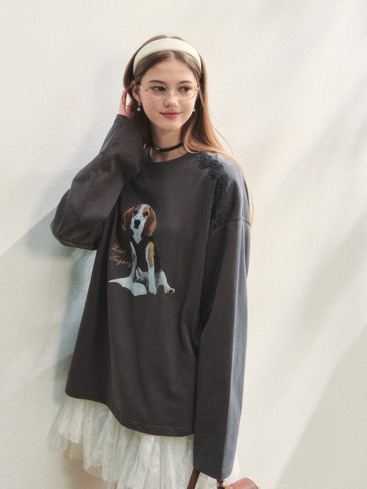 Lace Panel Dog Print Crew Neck Tee - CHINASQUAD