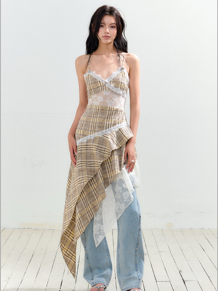 Yellow Checkered Color-blocking Lace Trimmed Sling Dress